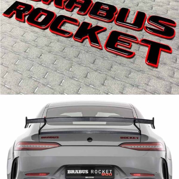 Brabus Rocket badge in black color with red trim for Mercedes GT trunk