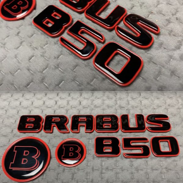 Metal Brabus B50 logos set in red color tail and front badges for Mercedes S-Class