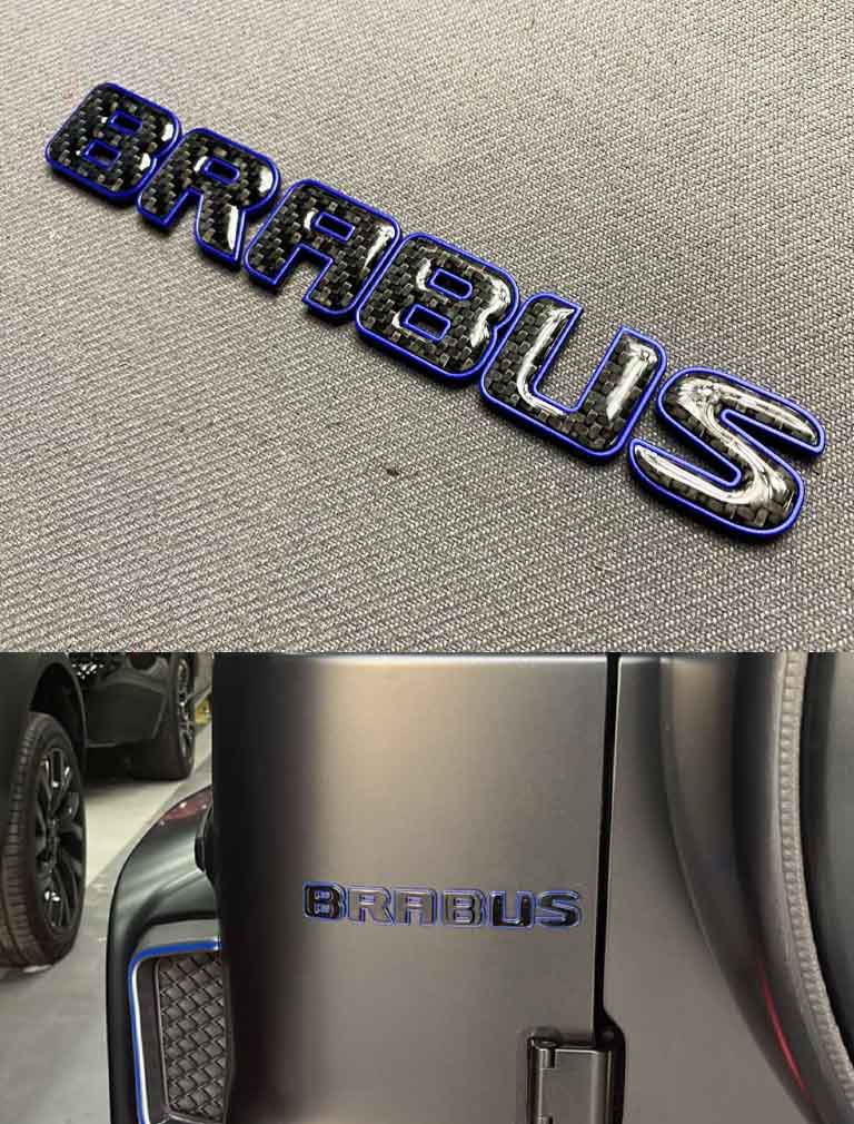 Brabus carbon fiber tail badge with blue trim for Mercedes Benz G Wagon