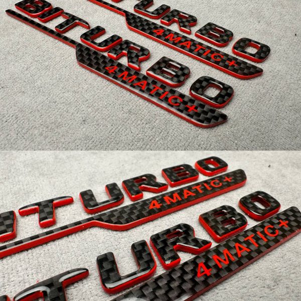 Emblem V8 biturbo 4 MATIC+ 2026 style red and carbon Badge